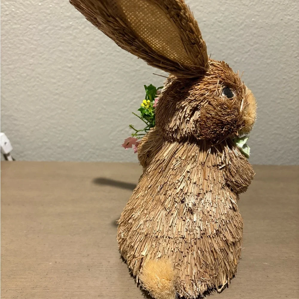 Whimsical Brown Bunny Toy with Pink Flowers and Tall Ears